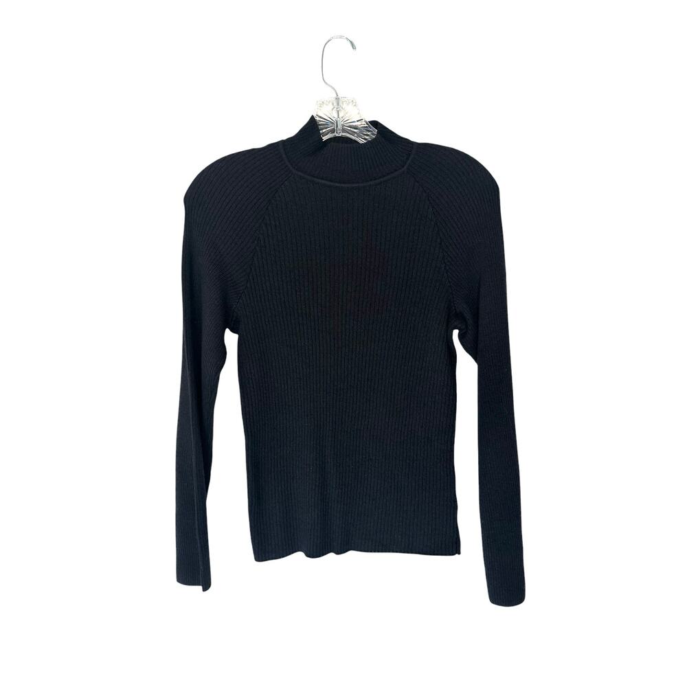 St. John Black Basic Ribbed Mock Neck Stretch Knit Long Sleeve Shirt Size Medium